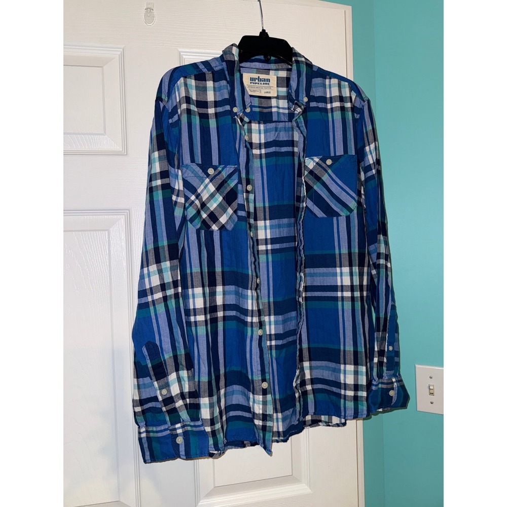 Urban Pipeline Mens Blue Plaid Long Sleeve Button Down Shirt Large